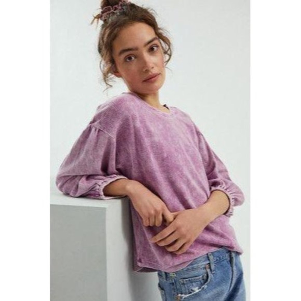ANTHROPOLOGIE Pilcro Washed Waffle Top Purple Thermal Tee Balloon 3/4 Sleeve